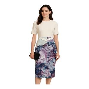 TED BAKER Stephie Cream Multi  Illuminated Bloom Belted Sheath Dress EUC  3 US 8